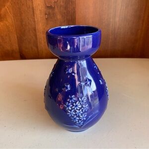 Cobalt Blue Ceramic Hyacinth Bulb Forcing Starting Vase Embossed Floral